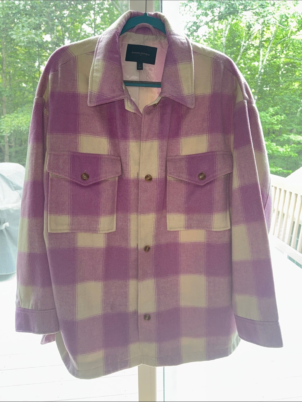 Banana Republic Buffalo Check Shacket in Lavender and Cream